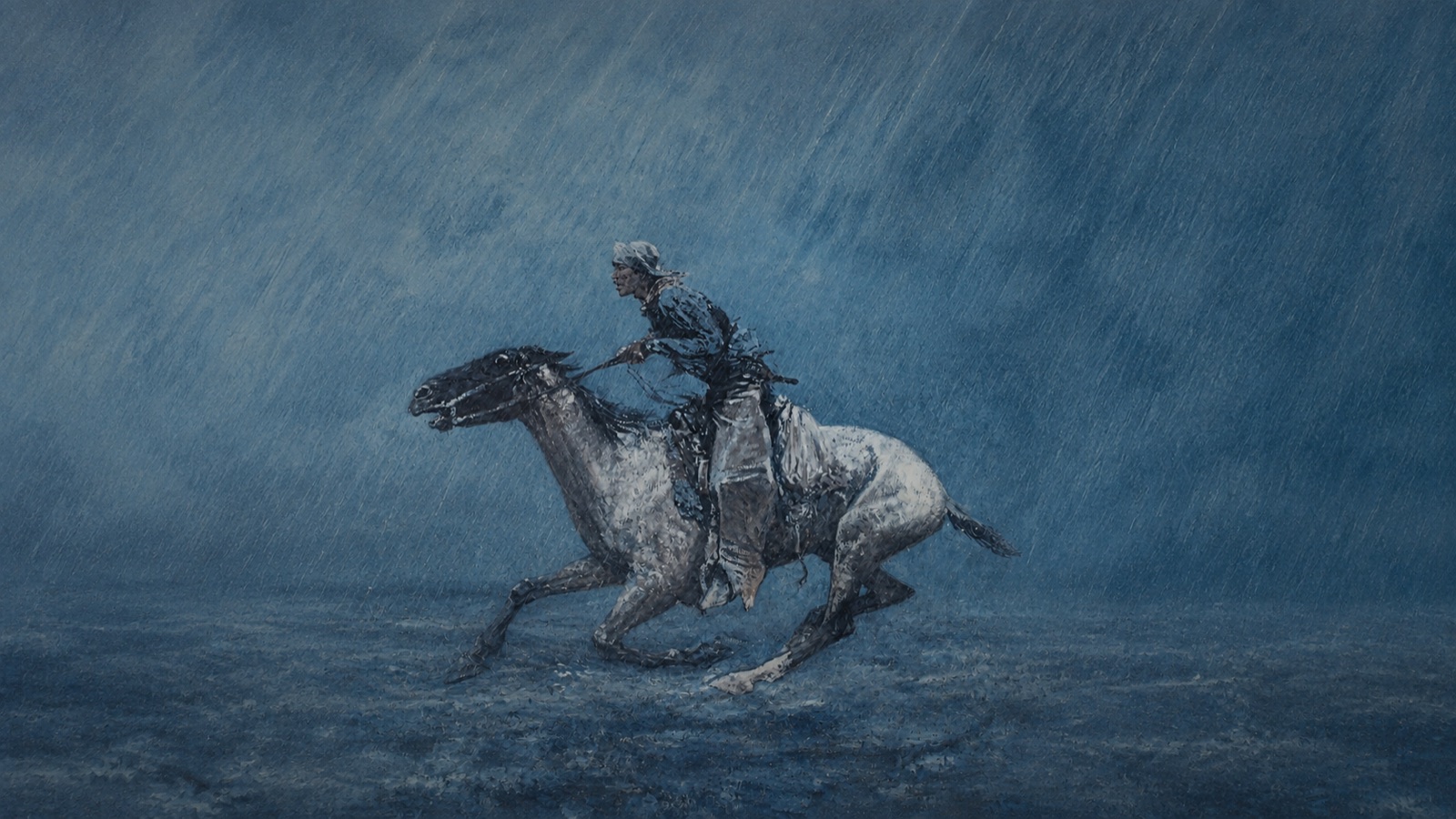 A rider on a grey horse at full gallop through driving rain, painted in blue monochrome.